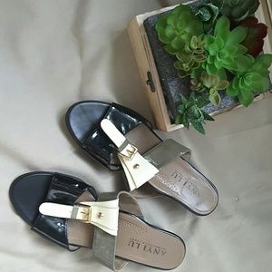 Anyi Lu Buckled Low Wedge Sandal open to offer